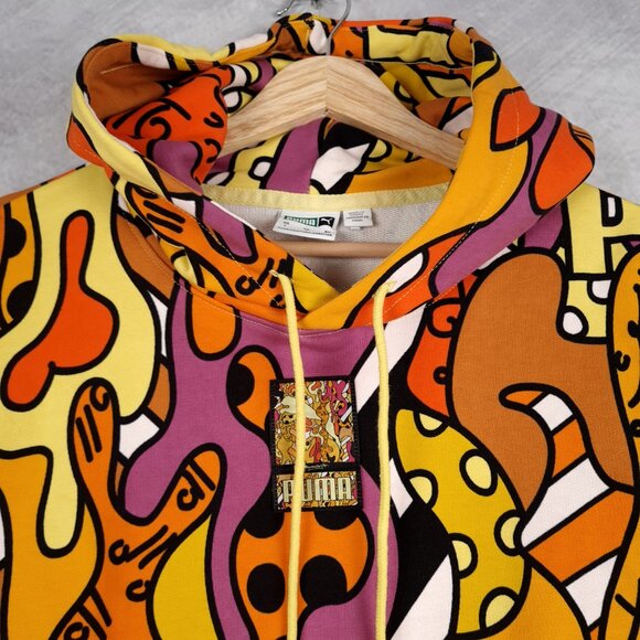 Puma BRITTO Hoodie Mens Large Yellow Orange AOP Graffiti Art Streatwear 90s insp - Picture 1 of 16